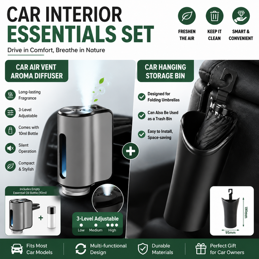 2 pcs Car interior essentials set-Silvery Car Air Vent Aroma Diffuser & Black Hanging Storage Bin- hanging V888-ELOSUNG53452