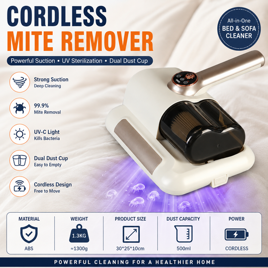 Visualized dust box White Wireless UV Mite Remover Vacuum - 10000Pa Strong Suction, High Frequency Tapping, Washable HEPA Filter, Carpet Mite Remover，Lightweight Handheld Cleaner for Bed Sofa Pet Hair