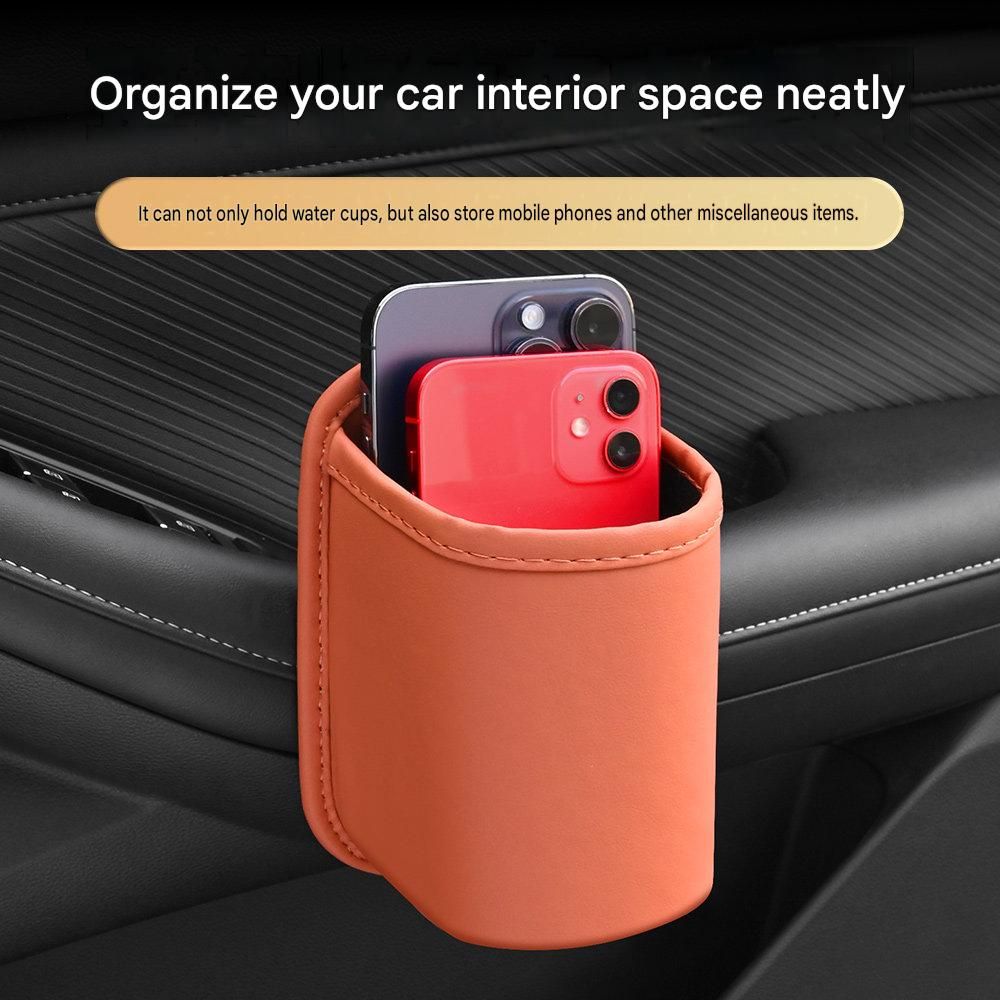 Universal Brown Car Storage Set - PU Leather Air Vent Organizer and Hanging Cup Holder for Doors and Seats - Multi-Purpose Interior Tidy for Commute and Travel