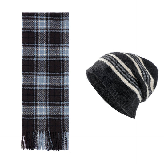 Black + Blue Striped Wool-Blend Beanie & Plaid Fringed Scarf Set - Soft Knit Hat (36 x 26 cm) and Oversized V888-ELOSUNG54008