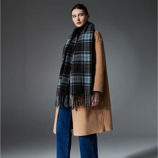Black + Blue Striped Wool-Blend Beanie & Plaid Fringed Scarf Set - Soft Knit Hat (36 x 26 cm) and Oversized V888-ELOSUNG54008