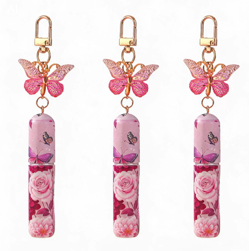 3 Pack Pink 5ml Portable Perfume Atomizer Keychain Butterfly Charm Floral Refillable Travel Spray Bottle Set V888-ELOSUNG54029