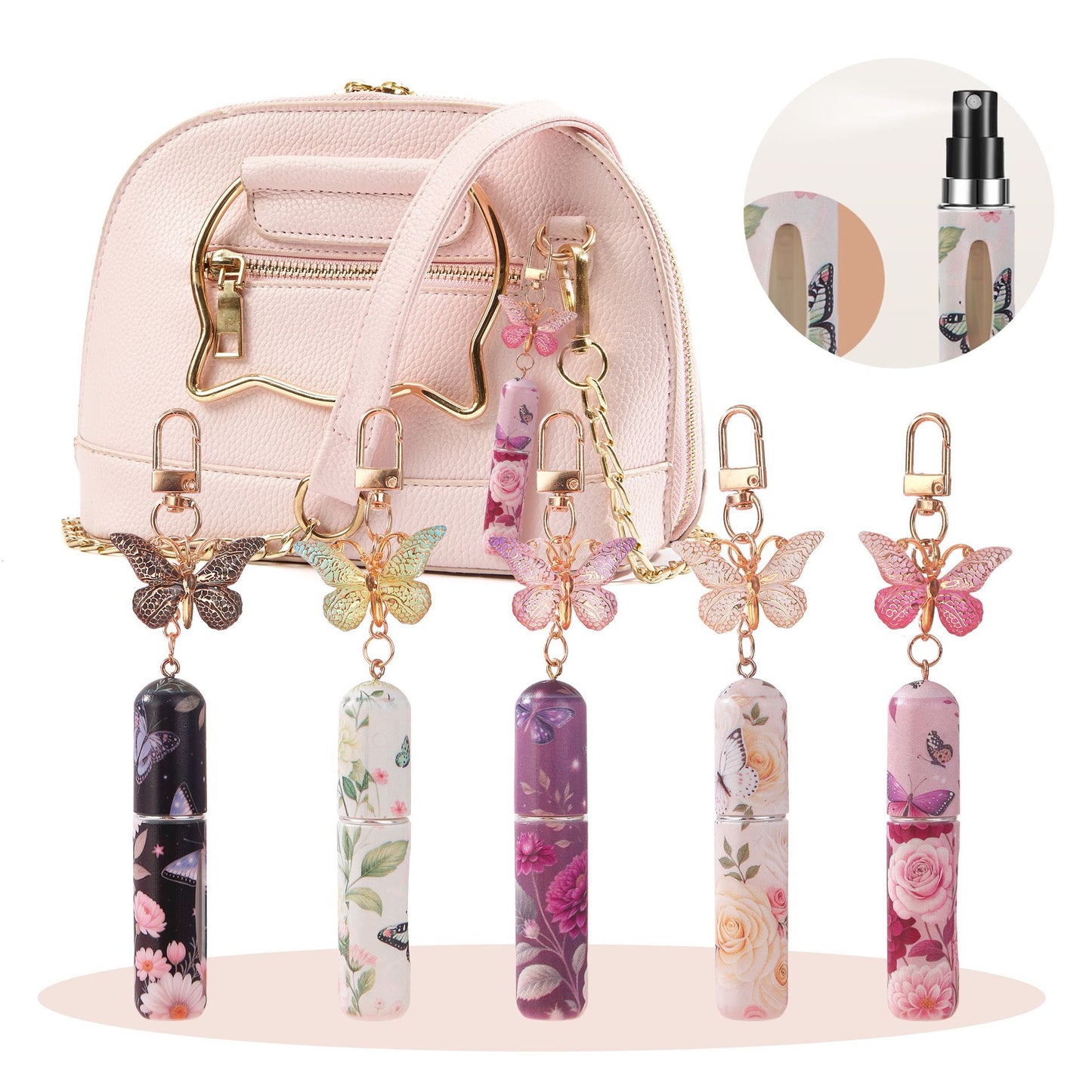 3 Pack Pink 5ml Portable Perfume Atomizer Keychain Butterfly Charm Floral Refillable Travel Spray Bottle Set V888-ELOSUNG54029