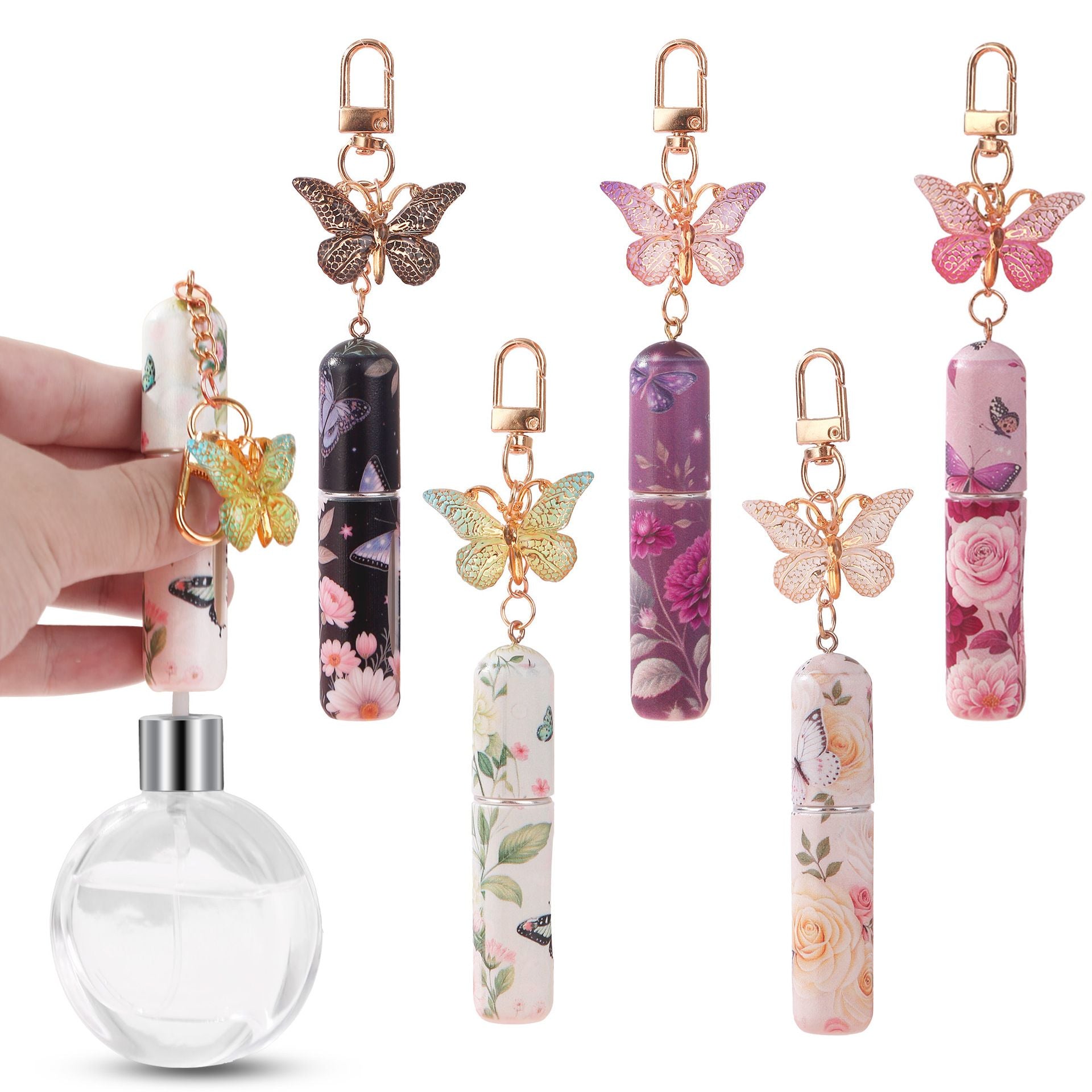 3 Pack Blue 5ml Portable Perfume Atomizer Keychain Butterfly Charm Floral Refillable Travel Spray Bottle Set V888-ELOSUNG54032