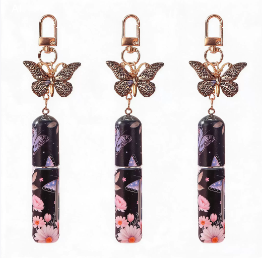 3 Pack Black 5ml Portable Perfume Atomizer Keychain Butterfly Charm Floral Refillable Travel Spray Bottle Set V888-ELOSUNG54033