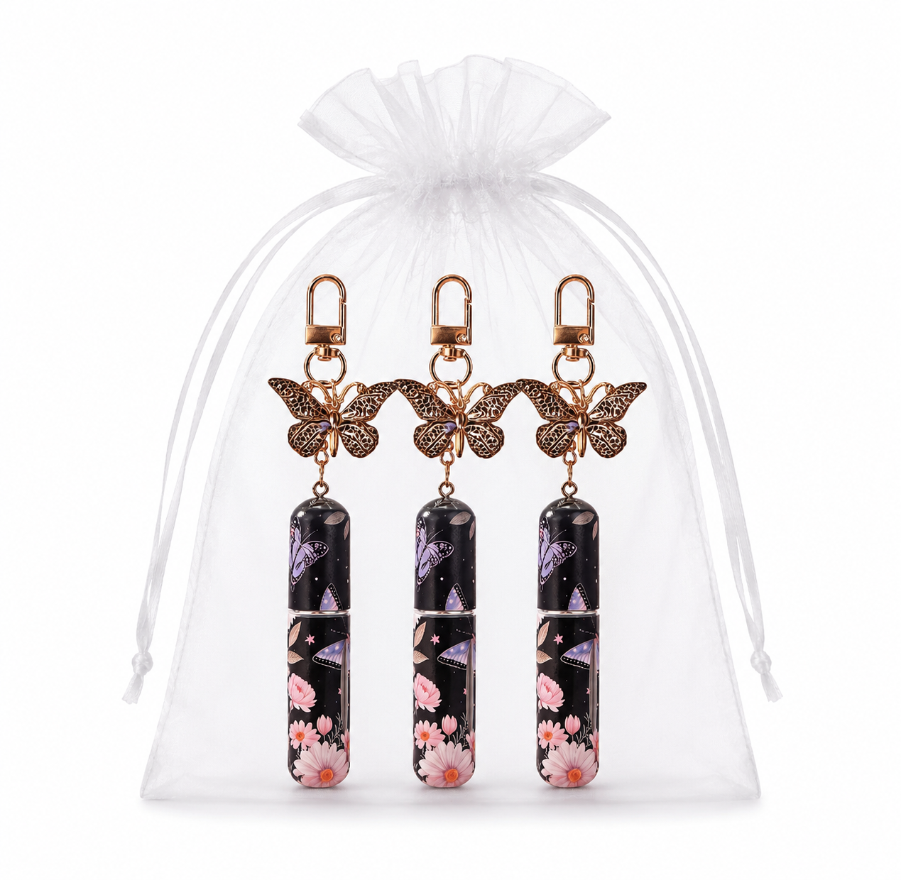 3 Pack Black 5ml Portable Perfume Atomizer Keychain Butterfly Charm Floral Refillable Travel Spray Bottle Set V888-ELOSUNG54033