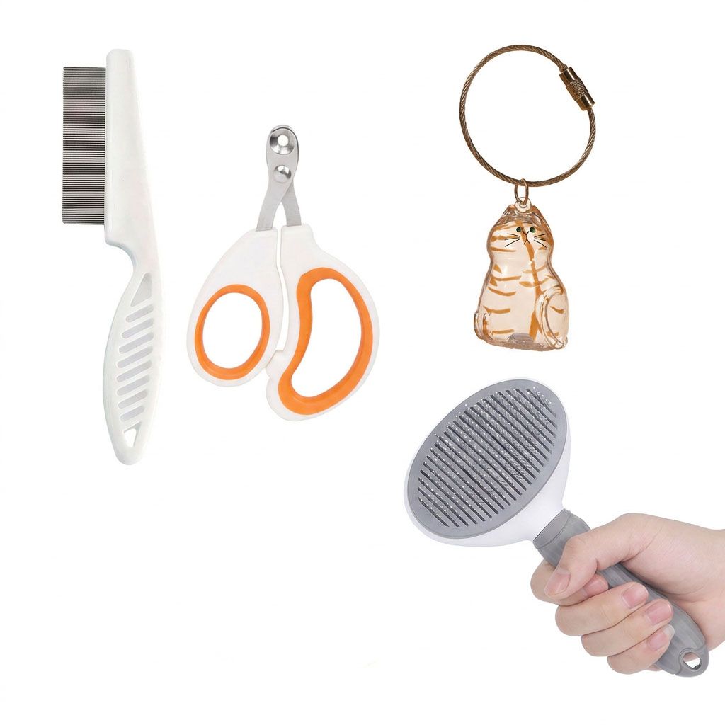 Ginger Cat Complete Cat Care Set - One-Touch Deshedding Brush, Stainless Steel Nail Clipper & Fur Collection V888-ELOSUNG54041