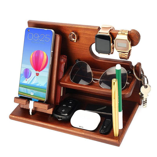 Multi-Functional Wooden Nightstand Organizer for Phone, Glasses, Wallet & Keys - Natural Wood Desk Tidy with V888-ELOSUNG54046