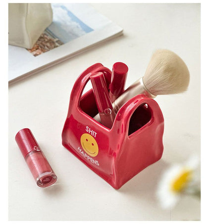 Red Ceramic Mini Tote Bag Pen Holder - Creative Desktop Storage Organizer for Makeup Brushes, Remote Controls V888-ELOSUNG54048
