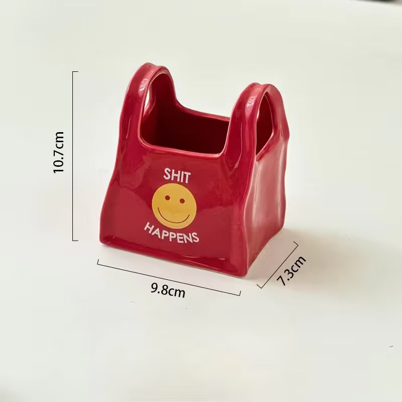 Red Ceramic Mini Tote Bag Pen Holder - Creative Desktop Storage Organizer for Makeup Brushes, Remote Controls V888-ELOSUNG54048