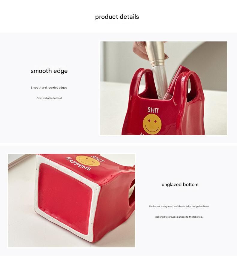 Red Ceramic Mini Tote Bag Pen Holder - Creative Desktop Storage Organizer for Makeup Brushes, Remote Controls V888-ELOSUNG54048