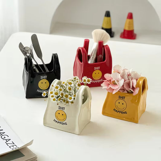Black Ceramic Mini Tote Bag Pen Holder - Creative Desktop Storage Organizer for Makeup Brushes, Remote V888-ELOSUNG54049