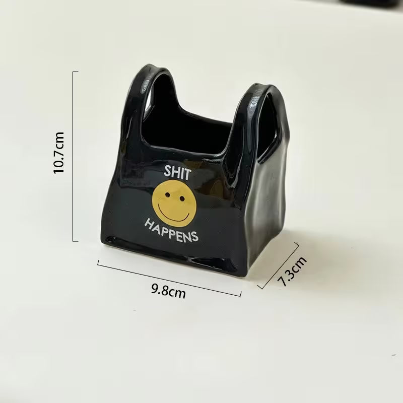 Black Ceramic Mini Tote Bag Pen Holder - Creative Desktop Storage Organizer for Makeup Brushes, Remote V888-ELOSUNG54049