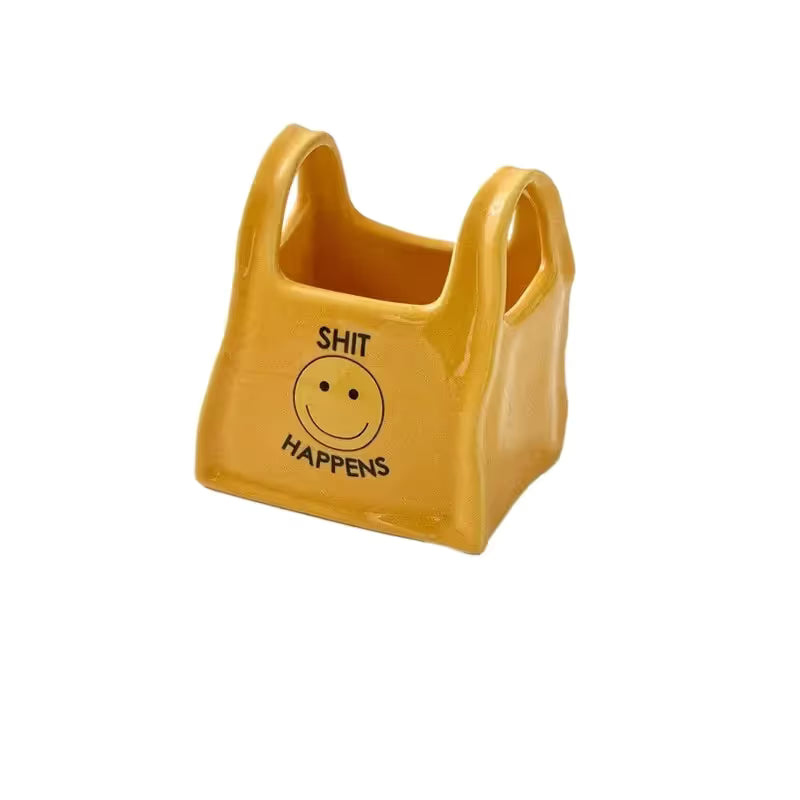 Yellow Ceramic Mini Tote Bag Pen Holder - Creative Desktop Storage Organizer for Makeup Brushes, Remote V888-ELOSUNG54050