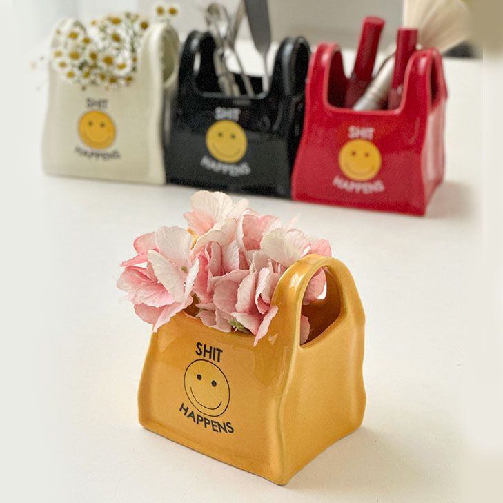Yellow Ceramic Mini Tote Bag Pen Holder - Creative Desktop Storage Organizer for Makeup Brushes, Remote V888-ELOSUNG54050