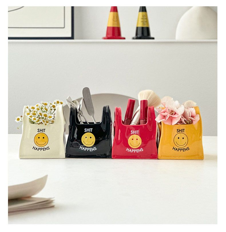 Yellow Ceramic Mini Tote Bag Pen Holder - Creative Desktop Storage Organizer for Makeup Brushes, Remote V888-ELOSUNG54050