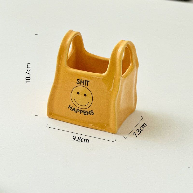 Yellow Ceramic Mini Tote Bag Pen Holder - Creative Desktop Storage Organizer for Makeup Brushes, Remote V888-ELOSUNG54050