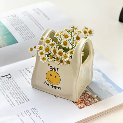 White Ceramic Mini Tote Bag Pen Holder - Creative Desktop Storage Organizer for Makeup Brushes, Remote V888-ELOSUNG54051