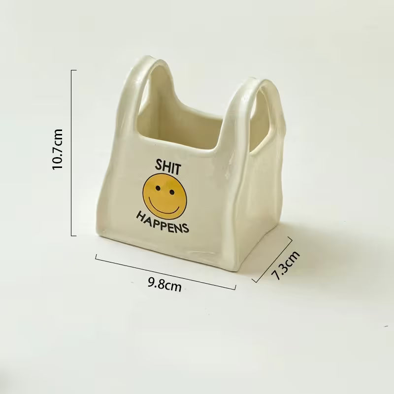 White Ceramic Mini Tote Bag Pen Holder - Creative Desktop Storage Organizer for Makeup Brushes, Remote V888-ELOSUNG54051