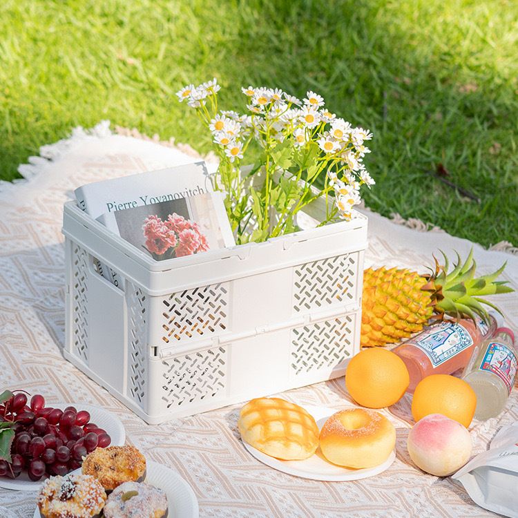 White Foldable Storage Basket with Handles - Portable Multi Purpose Desktop Organiser Crate for Snacks, V888-ELOSUNG54052