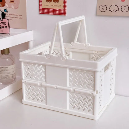 White Foldable Storage Basket with Handles - Portable Multi Purpose Desktop Organiser Crate for Snacks, V888-ELOSUNG54052