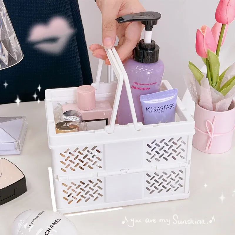 White Foldable Storage Basket with Handles - Portable Multi Purpose Desktop Organiser Crate for Snacks, V888-ELOSUNG54052