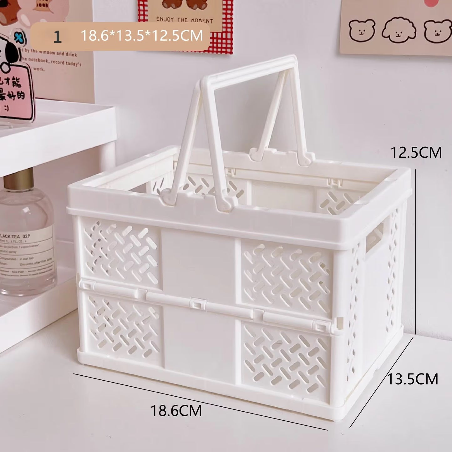 White Foldable Storage Basket with Handles - Portable Multi Purpose Desktop Organiser Crate for Snacks, V888-ELOSUNG54052