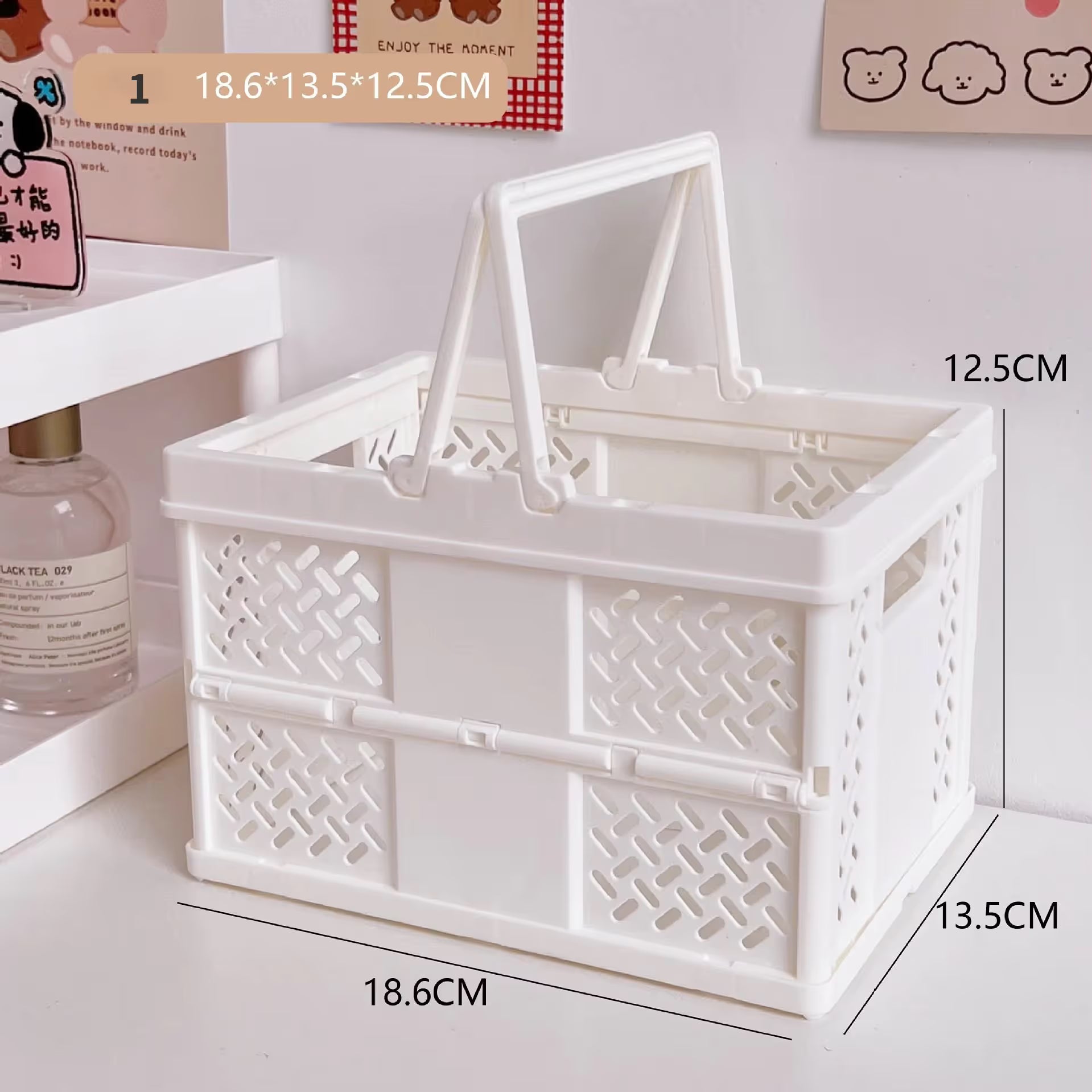 White Foldable Storage Basket with Handles - Portable Multi Purpose Desktop Organiser Crate for Snacks, V888-ELOSUNG54052
