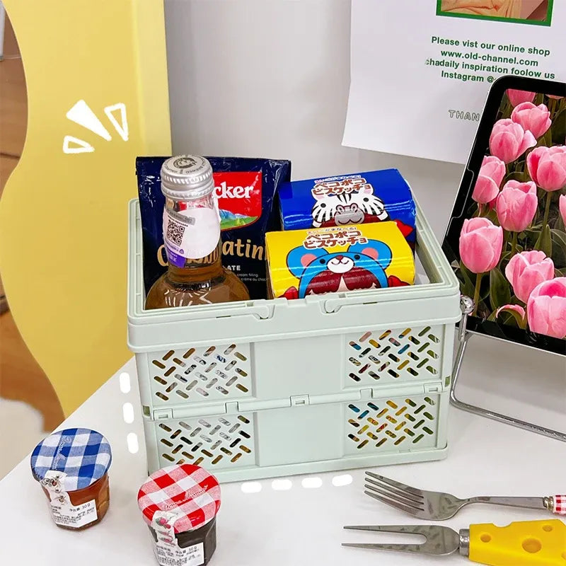 Green Foldable Storage Basket with Handles - Portable Multi Purpose Desktop Organiser Crate for Snacks, V888-ELOSUNG54053