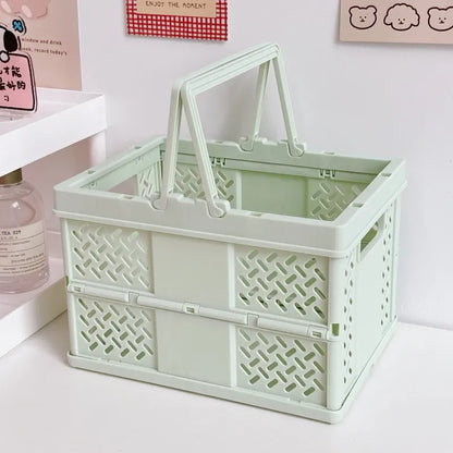 Green Foldable Storage Basket with Handles - Portable Multi Purpose Desktop Organiser Crate for Snacks, V888-ELOSUNG54053