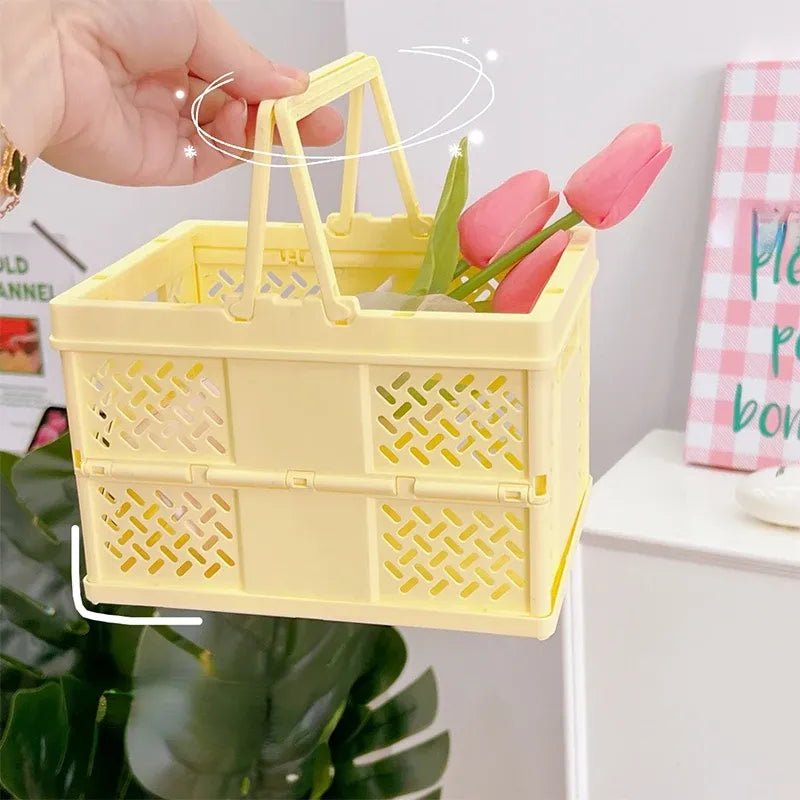 Yellow Foldable Storage Basket with Handles - Portable Multi Purpose Desktop Organiser Crate for Snacks, V888-ELOSUNG54054