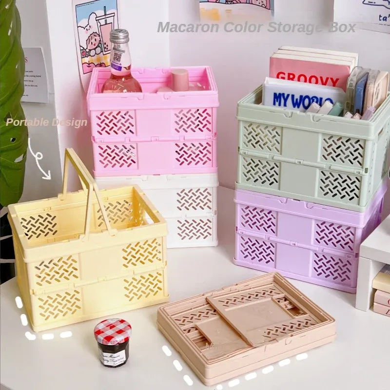 Yellow Foldable Storage Basket with Handles - Portable Multi Purpose Desktop Organiser Crate for Snacks, V888-ELOSUNG54054