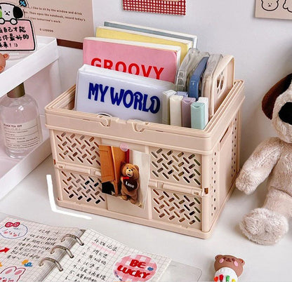 Brown Foldable Storage Basket with Handles - Portable Multi Purpose Desktop Organiser Crate for Snacks, V888-ELOSUNG54055