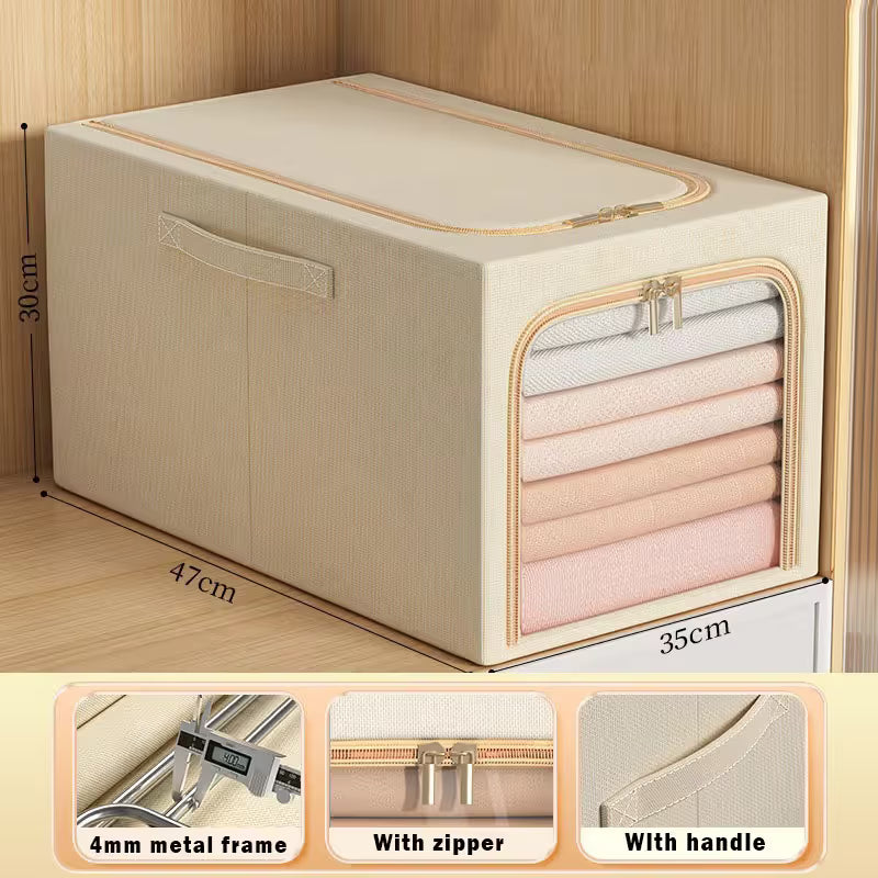 Khaki 49L Slim Foldable Clothes Storage Box Large Capacity Fabric Wardrobe Organiser with Clear Window V888-ELOSUNG54063