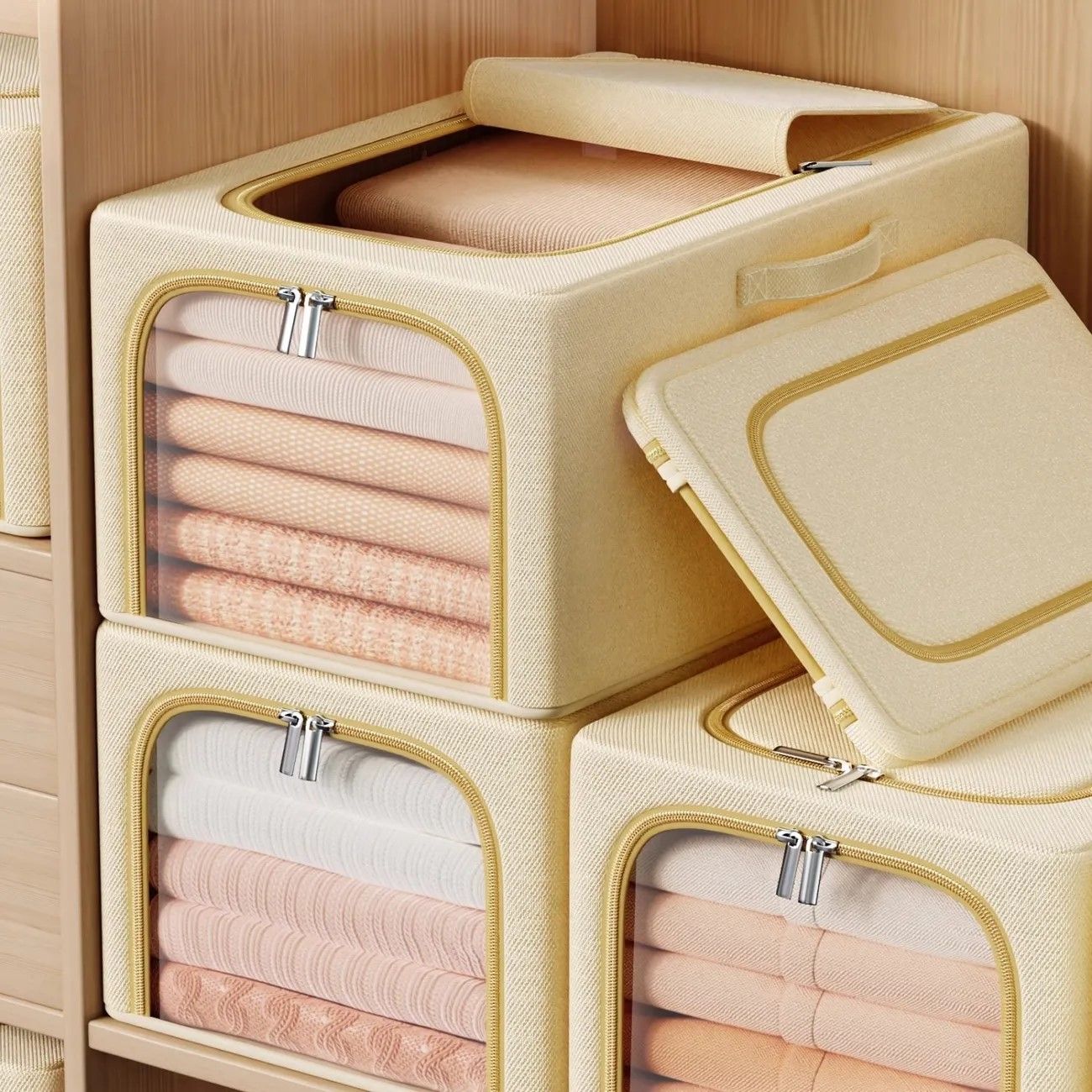 Khaki 49L Slim Foldable Clothes Storage Box Large Capacity Fabric Wardrobe Organiser with Clear Window V888-ELOSUNG54063