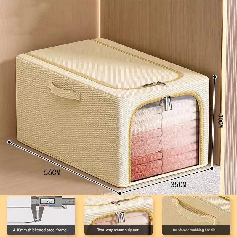 Khaki 56L Slim Foldable Clothes Storage Box Large Capacity Fabric Wardrobe Organiser with Clear Window V888-ELOSUNG54064