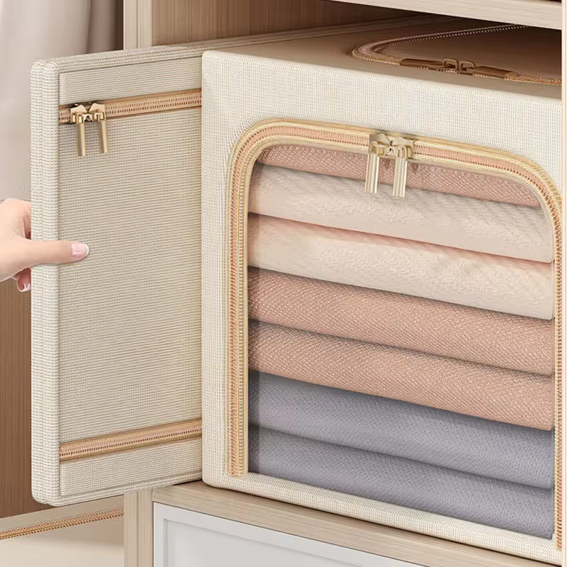 Khaki 56L Slim Foldable Clothes Storage Box Large Capacity Fabric Wardrobe Organiser with Clear Window V888-ELOSUNG54064