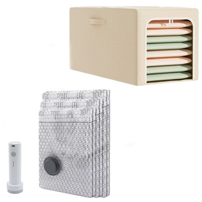 56L Large-Capacity Fabric Storage Bin & 6-Piece Vacuum Compression Bag Set - Reusable Compression Storage V888-ELOSUNG54065