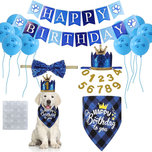 Blue Pet Birthday Party Decoration Set Dog Birthday Bandana Hat Bow Tie Balloons and Happy Birthday Banner Kit V888-ELOSUNG54071