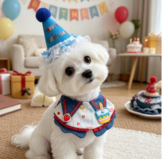Size S Blue Pet Birthday Party Supplies Strawberry Cake Bib and Hat Set Cat Dog Costume Photo Shoot Outfit V888-ELOSUNG54074