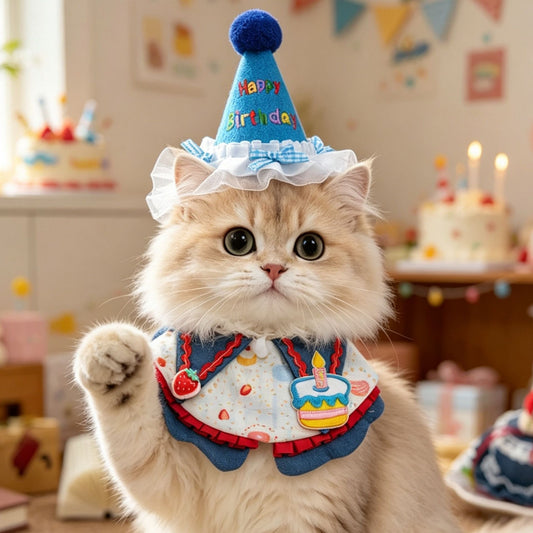 Size S Blue Pet Birthday Party Supplies Strawberry Cake Bib and Hat Set Cat Dog Costume Photo Shoot Outfit V888-ELOSUNG54074