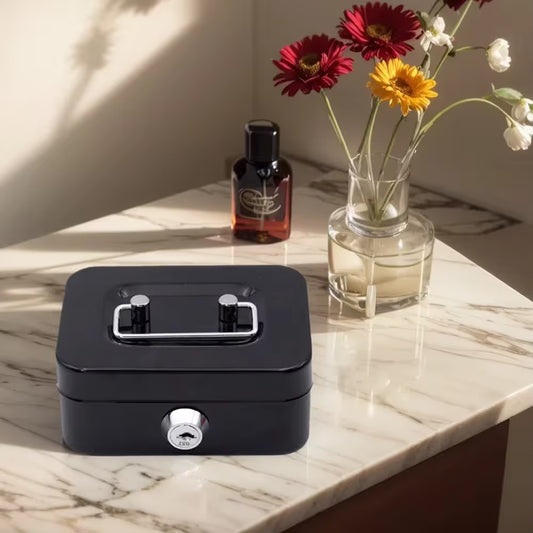 Black Lockable Metal Cash Box with Coin Slot Portable Money Storage Box Small Savings Bank Key Lock Cash V888-ELOSUNG54097