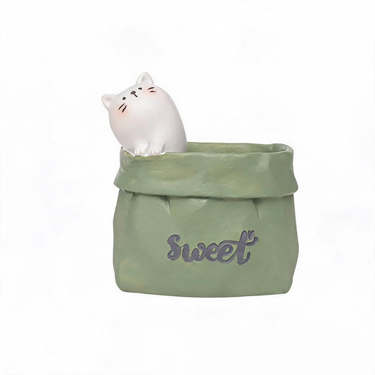 Creative Animal-Themed "Paper Bag" Pen Holder (Cat) - Resin Desktop Organizer | Cute Cartoon Pencil Cup, V888-ELOSUNG54104