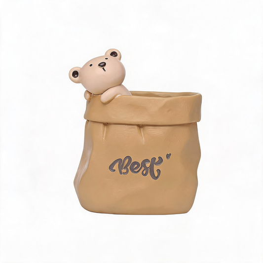 Creative Animal-Themed "Paper Bag" Pen Holder (Bear) - Resin Desktop Organizer | Cute Cartoon Pencil Cup, V888-ELOSUNG54105