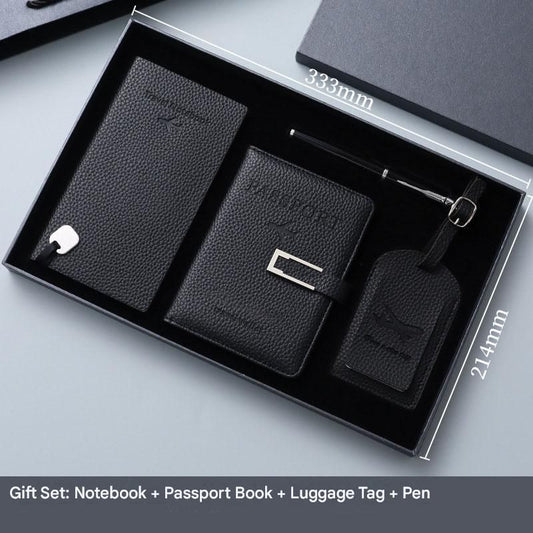 Black Travel Passport Holder and Notebook Gift Set with Luggage Tag & Metal Pen Business Travel Gift Box V888-ELOSUNG54117