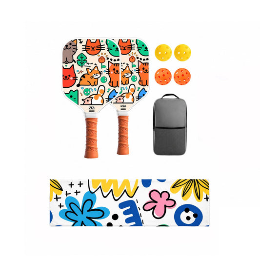 Kids Pickleball Paddle Set with Cooling Towel (Meow Paradise) , Cartoon Junior Paddles, Carry Bag and V888-ELOSUNG54127