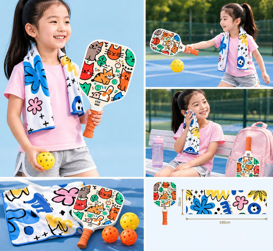 Kids Pickleball Paddle Set with Cooling Towel (Meow Paradise) , Cartoon Junior Paddles, Carry Bag and V888-ELOSUNG54127