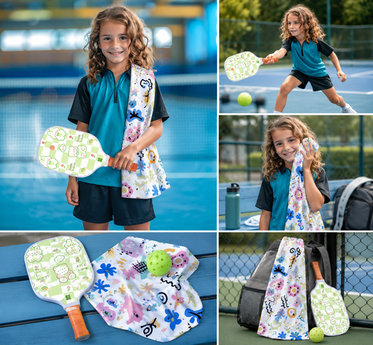 Kids Pickleball Paddle Set with Cooling Towel (Teddy Bear), Cartoon Junior Paddles, Carry Bag and V888-ELOSUNG54128