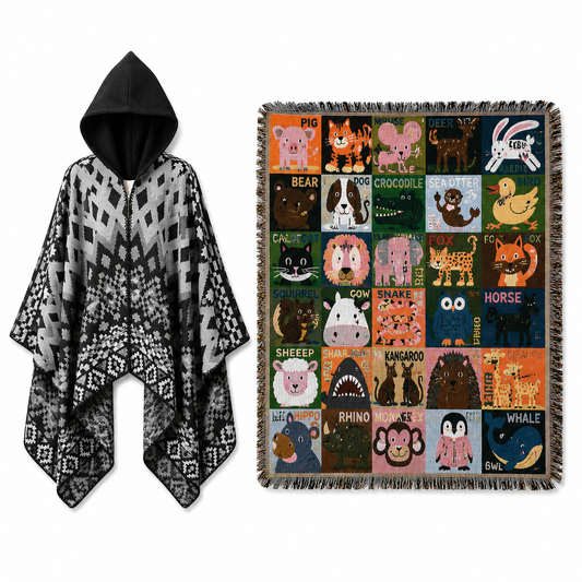Black Warm Hooded Poncho Shawl and Animal Pattern Throw Blanket Set for Sofa, Bed and Winter Lounging V888-ELOSUNG54135