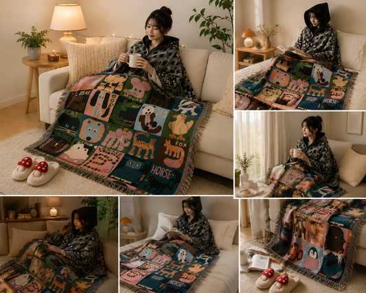 Black Warm Hooded Poncho Shawl and Animal Pattern Throw Blanket Set for Sofa, Bed and Winter Lounging V888-ELOSUNG54135